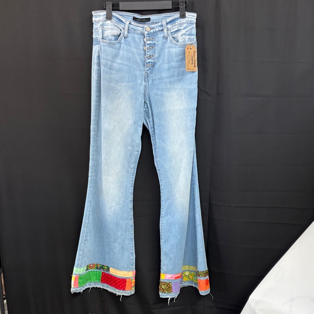 Flying Monkey Brand Flared Jeans with Quilt Hem reimagined by “Jagged Threads”